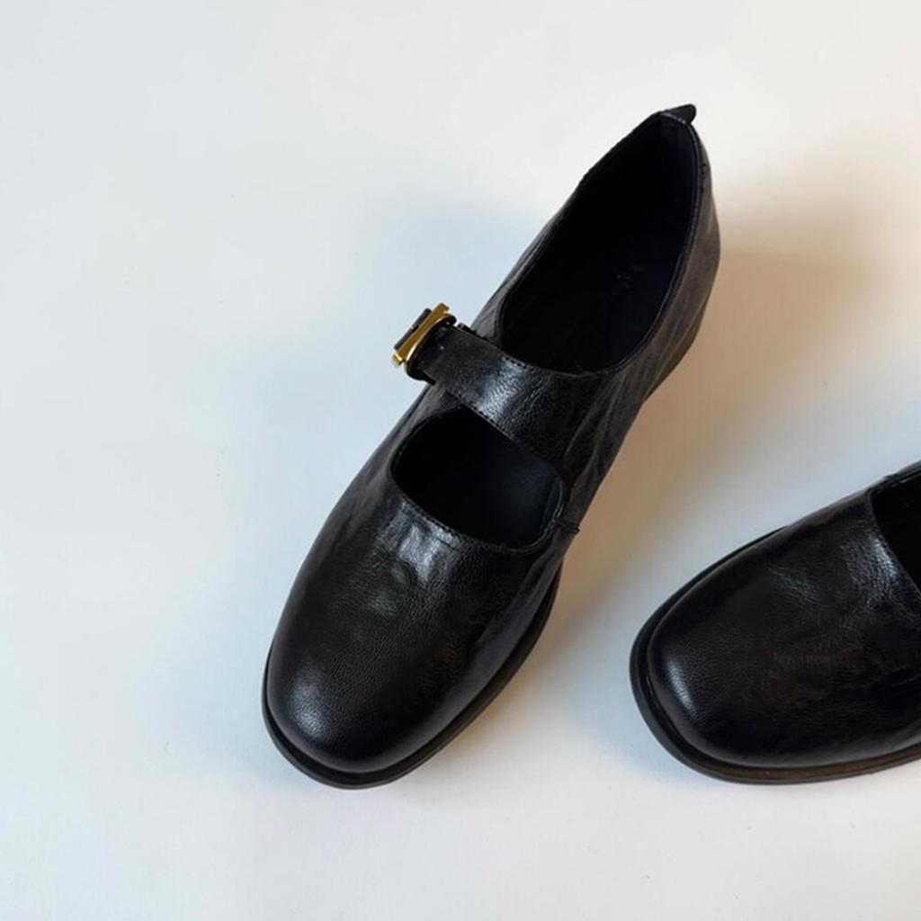 College style sheepskin versatile Mary Jane 2025 round head thick medium heel leather square buckle single shoes women's retro college