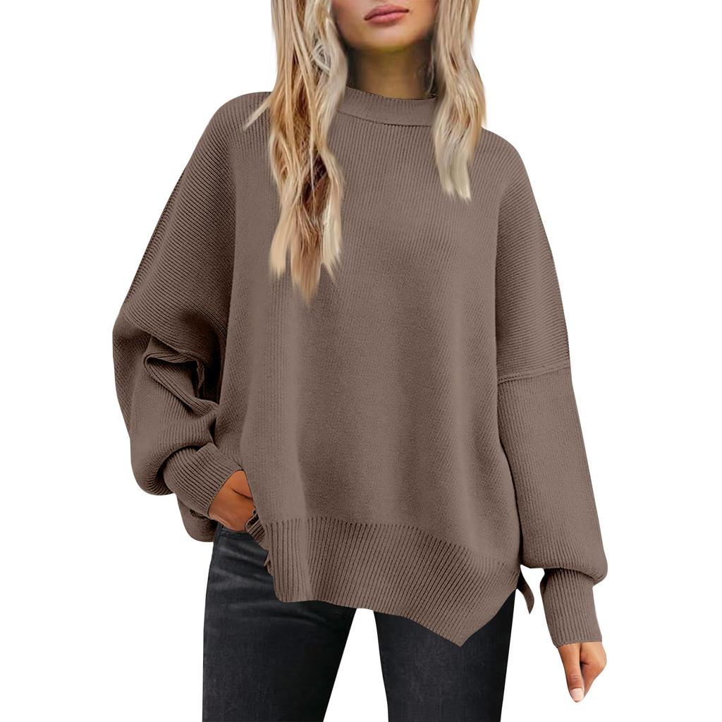 Women's Fashion Round Neck Long Sleeve Sweater Knitted Side Slit Pullover