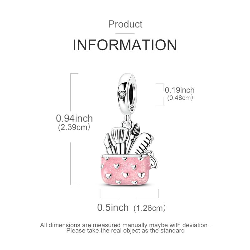 Original 925 Sterling Silver Bead Charms Heart Pink Makeup Tools Bag Pendant Fit Original Bracelet For Women DIY Jewelry Gift