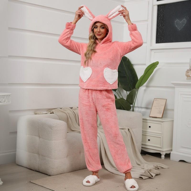 Pink Cute Bunny Ear Pajama Set Young Women - Soft Warm Loungewear Home Outdoor Wear