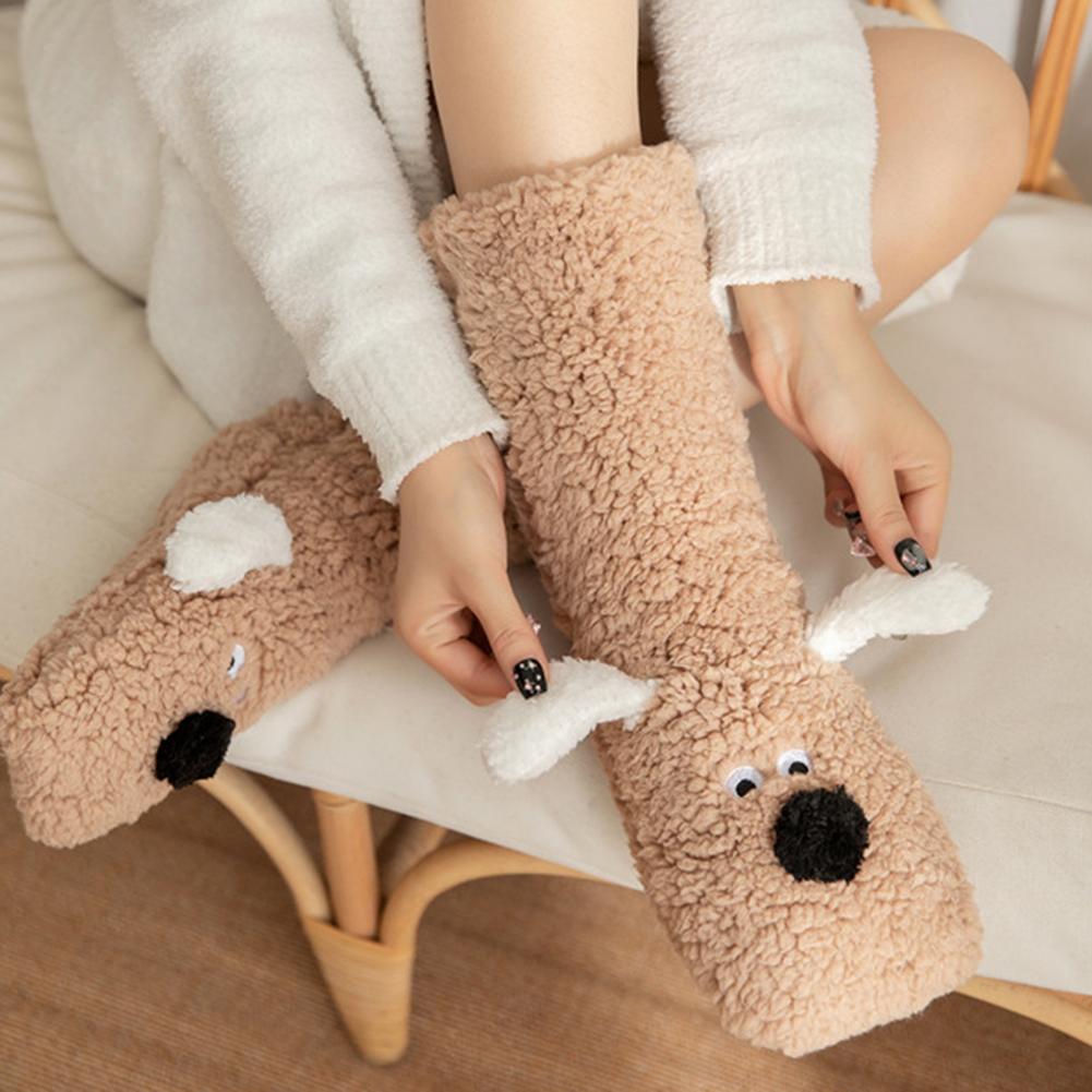 Niedliche Hunde Verdickte Winter Flauschige Socken Damen Warme Hauspantoffeln Einfarbige Socken Mädchen Weihnachtsgeschenk Weibliche Schlaf-Bodensocken