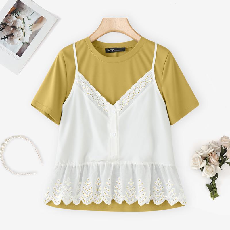 

ZANZEA Женские повседневные футболки с круглым вырезом, летние, с коротким рукавом, пэчворк 5XL хаки