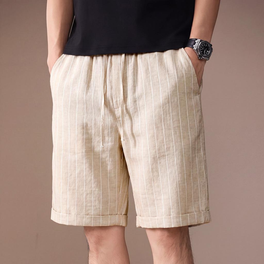 Hochwertige amerikanische Retro-Kontrastfarbe vertikale Streifen Leinen-Baumwollmischung lässige Shorts Herren Sommer dünn trendige Fünf-Punkt-Hose