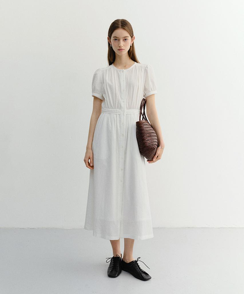 Deonseuteu Maxi Shirring Half Sleeve Dress_Uddr6B221_Ivory