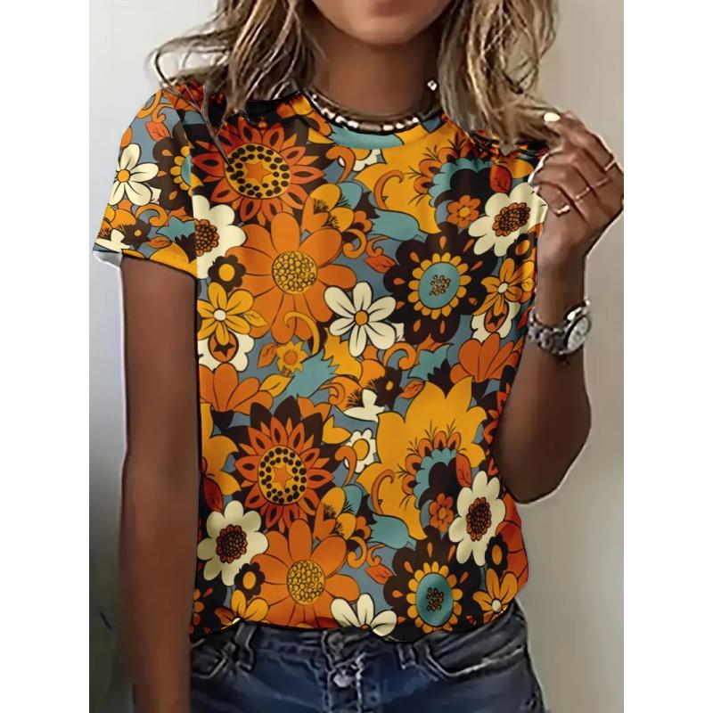 Fun Plants Pattern T Shirt For Women Colorful Flowers 3D Printed Short Sleeves Tees Summer Casual Loose T-Shirts O-Neck Tops S