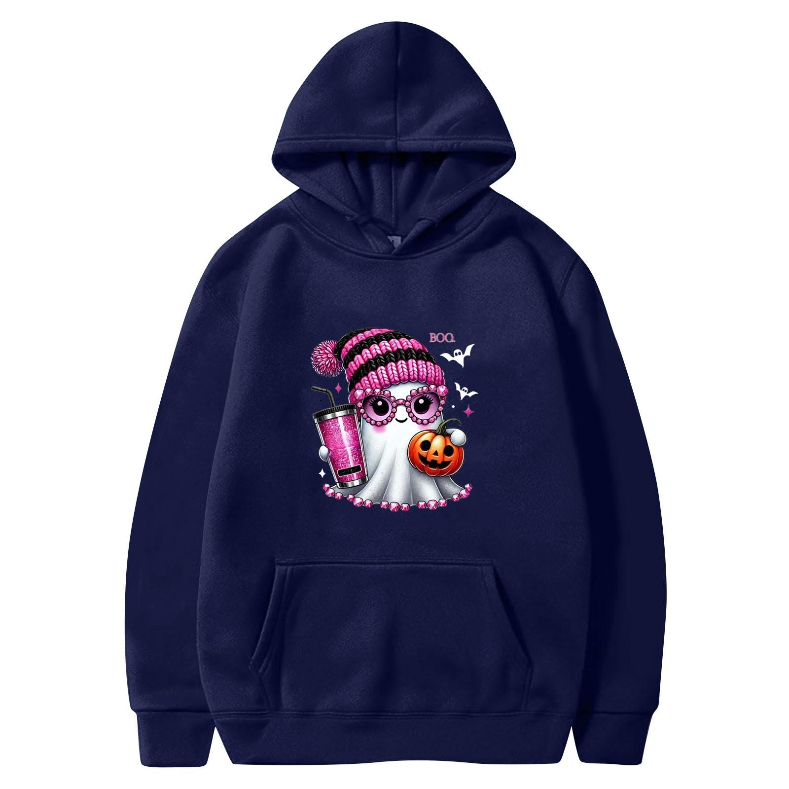 

Женская однотонная толстовка с капюшоном с длинным рукавом и принтом на Хэллоуин S тёмно-синий