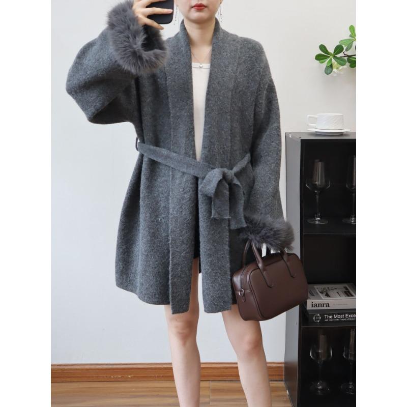 Thickened splicing wool sleeve lace-up knitted cardigan autumn and winter new temperament high-end sweater jacket women