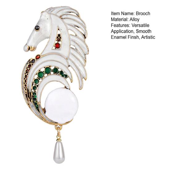 Broche Cheval Émaillé Blanc Broche Cheval Rétro avec Pendentif Perle Fausse Suspendu Broche Animal Épinglette Robe Accessoire de Costume Cadeau pour Elle Lui