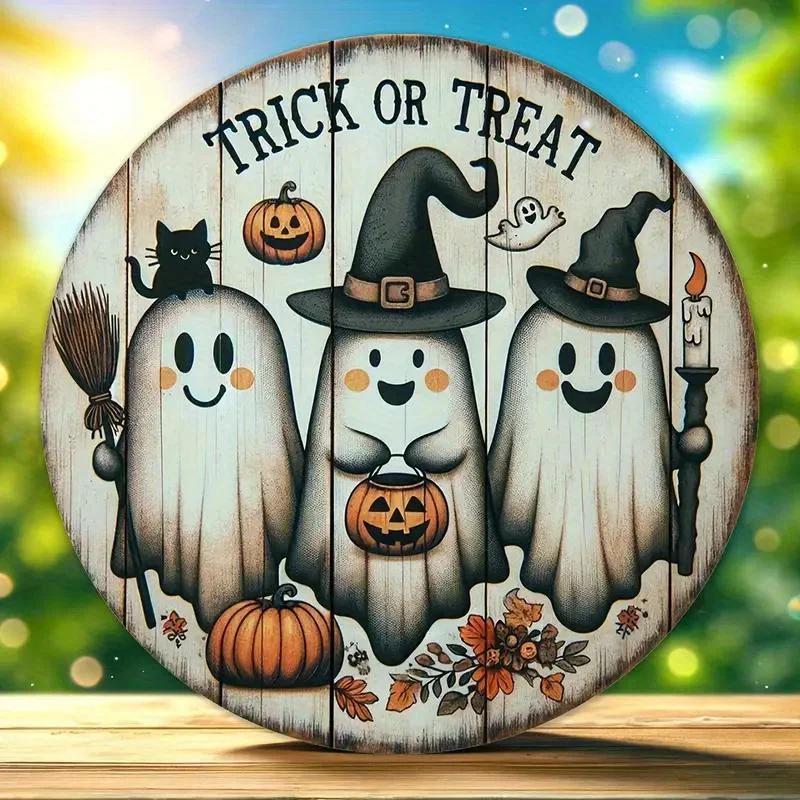 1 Pc 2D Creative Wooden Halloween Three Cute Ghost Broom Spoof Pumpkins 7.9Inch/20cm Round Hanging Sign Wall Door Decor Wall Art
