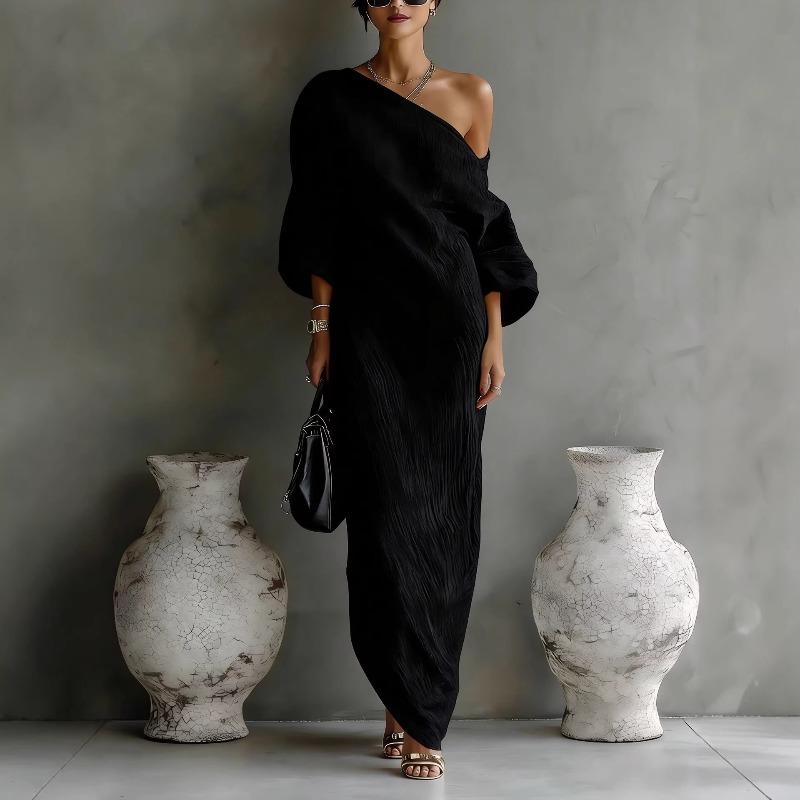 YYFS Women's Fashion Summer Spring Solid Color Print 3/4 Sleeves Oblique Collar Loose Waistline Casual Dresses