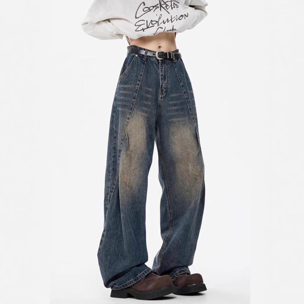 JYL Men's Wide-Leg Jeans American Vintage Washed Blue High-Street Loose Straight Denim