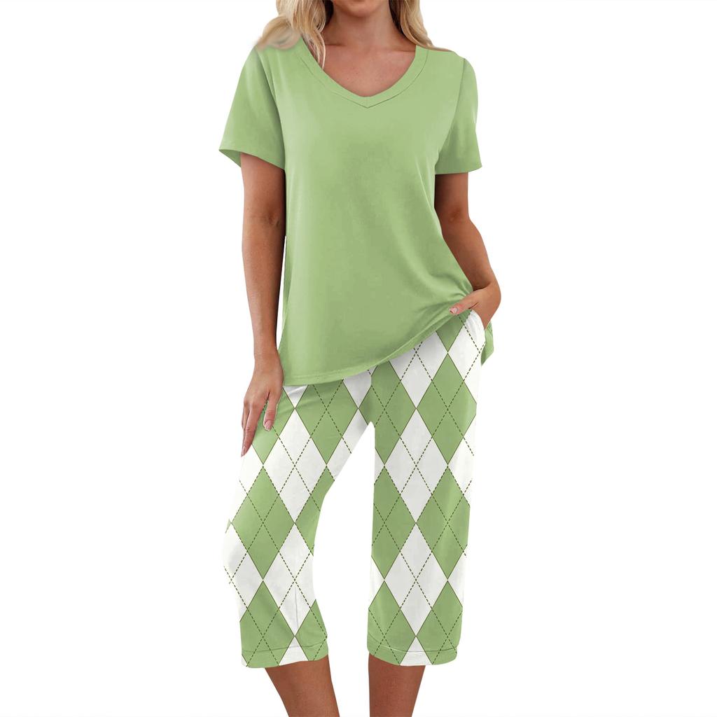 Women's Printed Two Piece Short Sleeve Pajama Set with Pants for Casual Sleepwear
