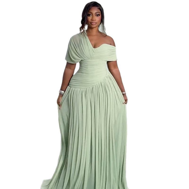 2026 Elegant One-Shoulder Pleated Waist-Cinched Lace-Up Long Sleeve Dress for Women