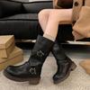 Autumn New Mid-Tube Boots Fashion Round Toe Sleeve Metal Buckle Platform Non-Slip Block Heel Single Shoes