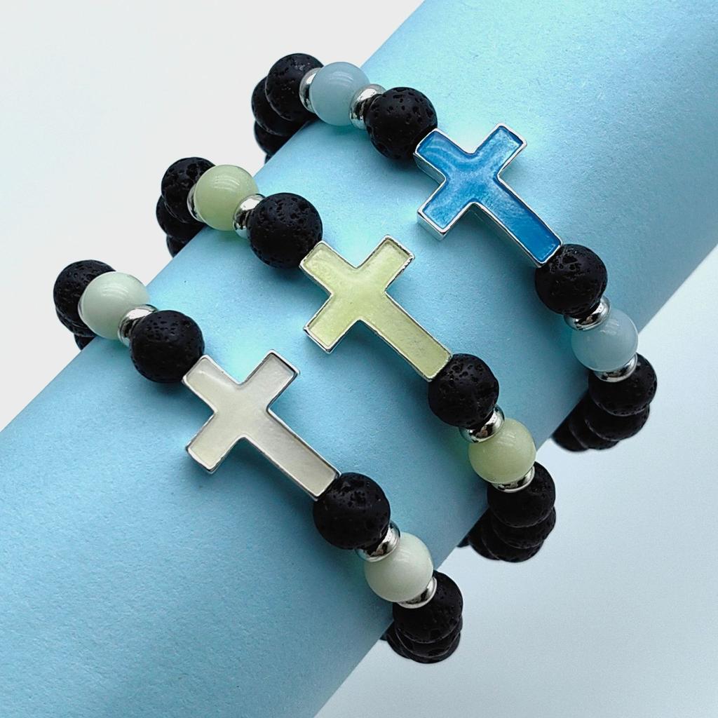 Men'S Bracelet Natural Stone Retro Bangle Luminous Jewelry Accessories Bracelet Cross Natural Volcanic Stone  Accessories