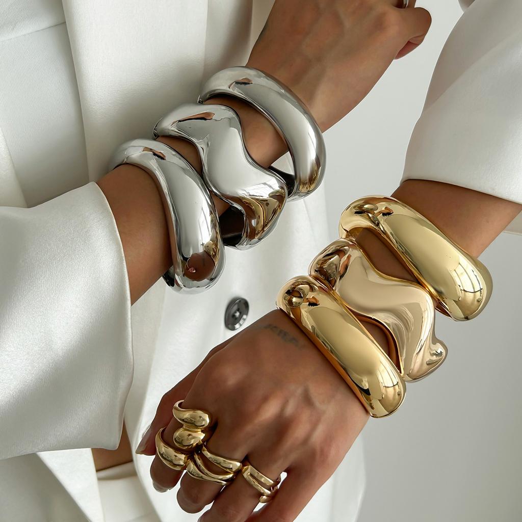 Exaggerated Heavy Industry Design Sense Metal Smooth Bracelet, Geometric Personality Wide Bracelet Braclet