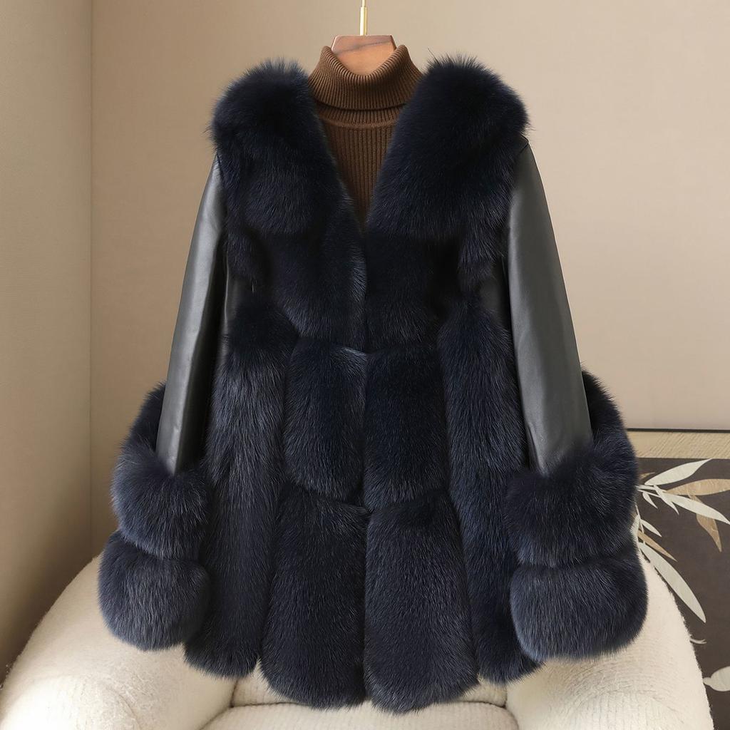 Autumn Winter Women's Fox Fur Coat Fur Leather Patchwork Leather Jacket