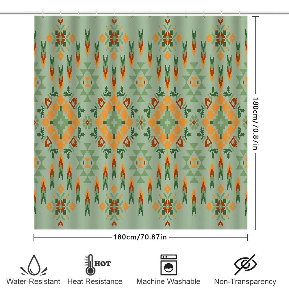 Modern Bohemian Geometric Bathroom Shower Curtain Set In Green Orange Decorative Fabric Waterproof Bath Mat 70X180Cm