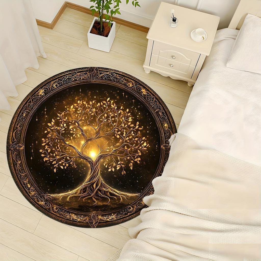 Vintage Golden Tree of Life Round Rug Non Slip Washable Mat For Kitchen Living Room Bedroom Home Decor