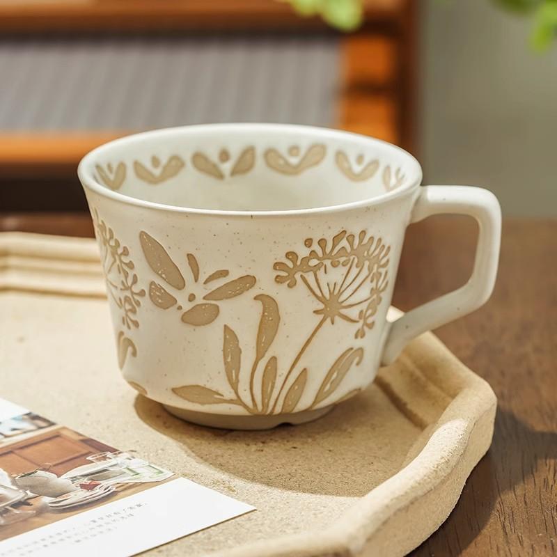 Vintage Embossed Aquatic Weed Ceramic Coffee Cup Breakfast Oatmeal Milk Mug Home Drinking Water Mug Holiday Gift Mug Home Decor 301-400ml