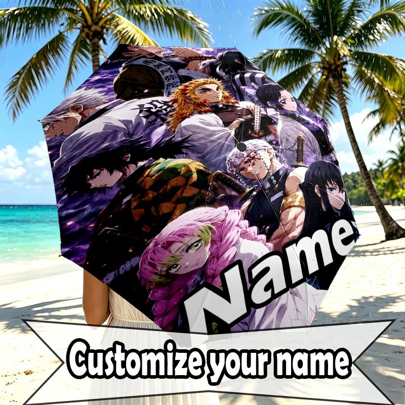 Custom Name Personalized Demon Slayer Print Umbrella, Auto Open Close, 8‑Rib Sturdy Frame, Commute Camping Hiking Use, Birthday Gift