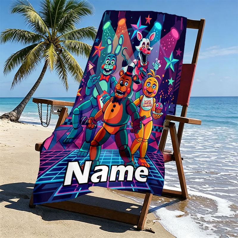 Personlig tilpasset strandhåndkle med navn, Five Nights at Freddy's-trykk, for reise, camping, strandfest, hjemmedekor, bursdagsgave til familie og venner