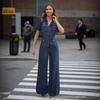 Europe, America, autumn and winter new women's denim jumpsuit fashion flip pocket button front jeans