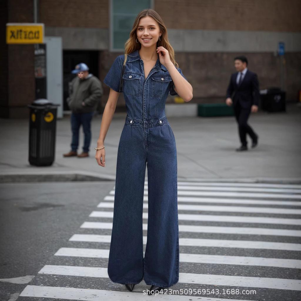Europe, America, autumn and winter new women's denim jumpsuit fashion flip pocket button front jeans