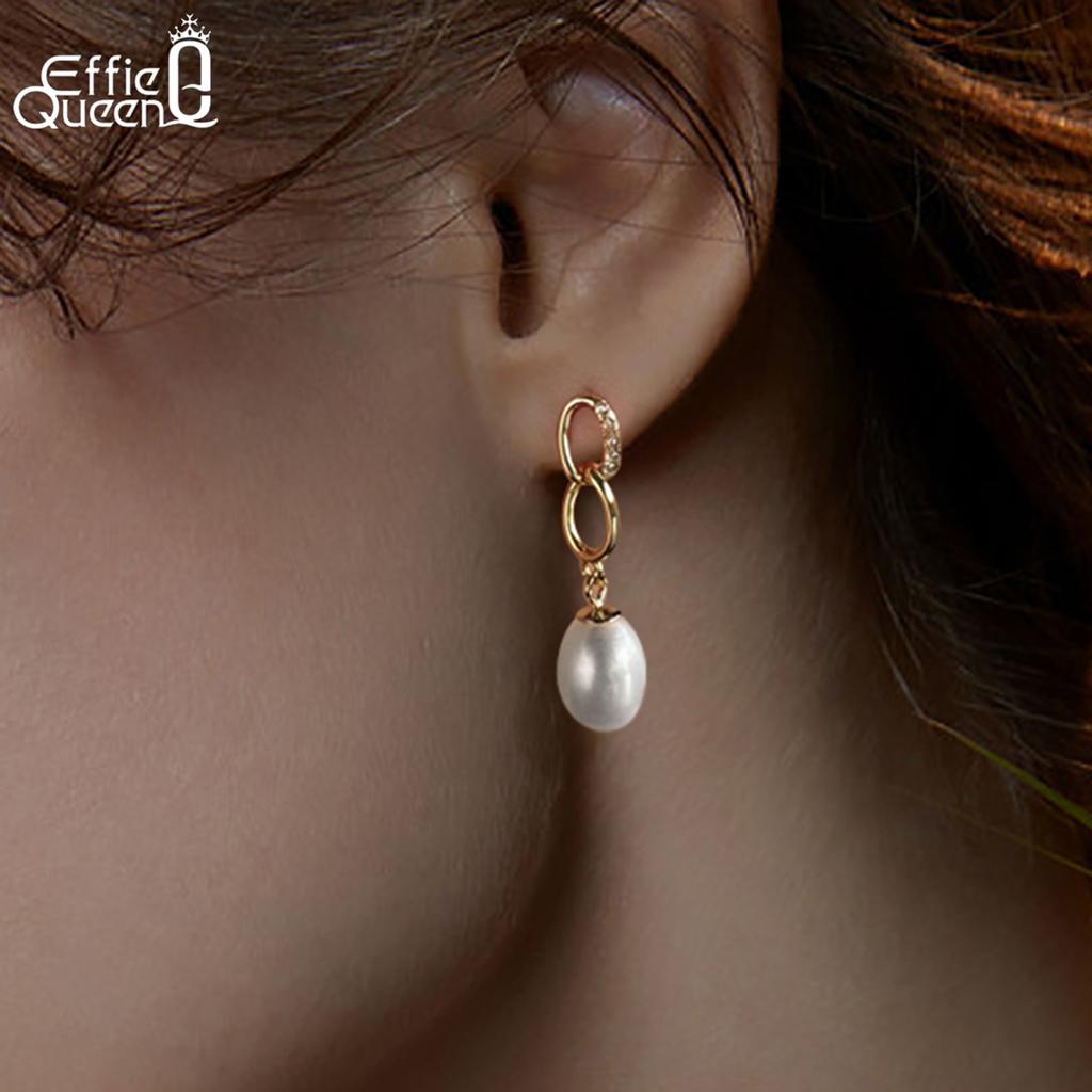 Effie Queen 925 Massiv Sterling Silber 14 Karat Gold Oval Perlen Hängeohrringe Mit Zirkonia Romantischer Schmuck für Damen Bankett GPE67