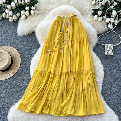 Sommer Damen Chic Boho Baumwolle Leinen Einfarbig Elastischer Bund Schnürung Lang Maxi Rock