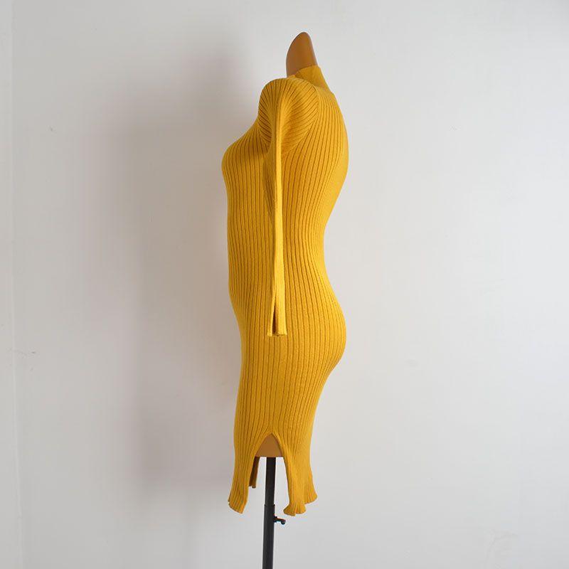 Fall and Winter New Arrival Pure Color Turtleneck Long Sleeves Knitting Dress Women's Clothing Silm Slim Looking Slit Sheath Skirt
