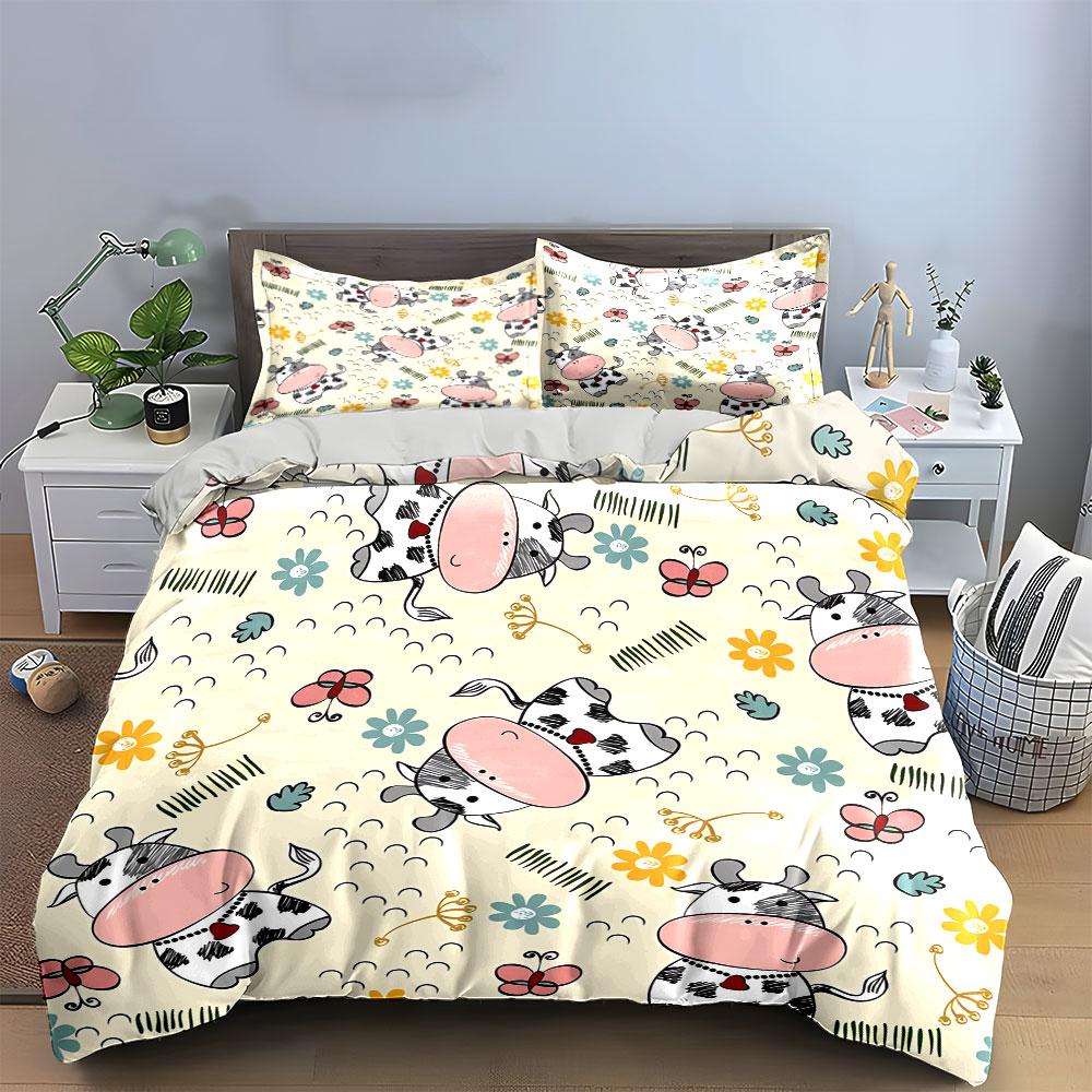 Cartoon Cows and Flowers Pattern Bedding Duvet Cover Set Duvet Cover Pillowcases  (1*Duvet Cover 2*Pillowcases, Without Duvet Insert)