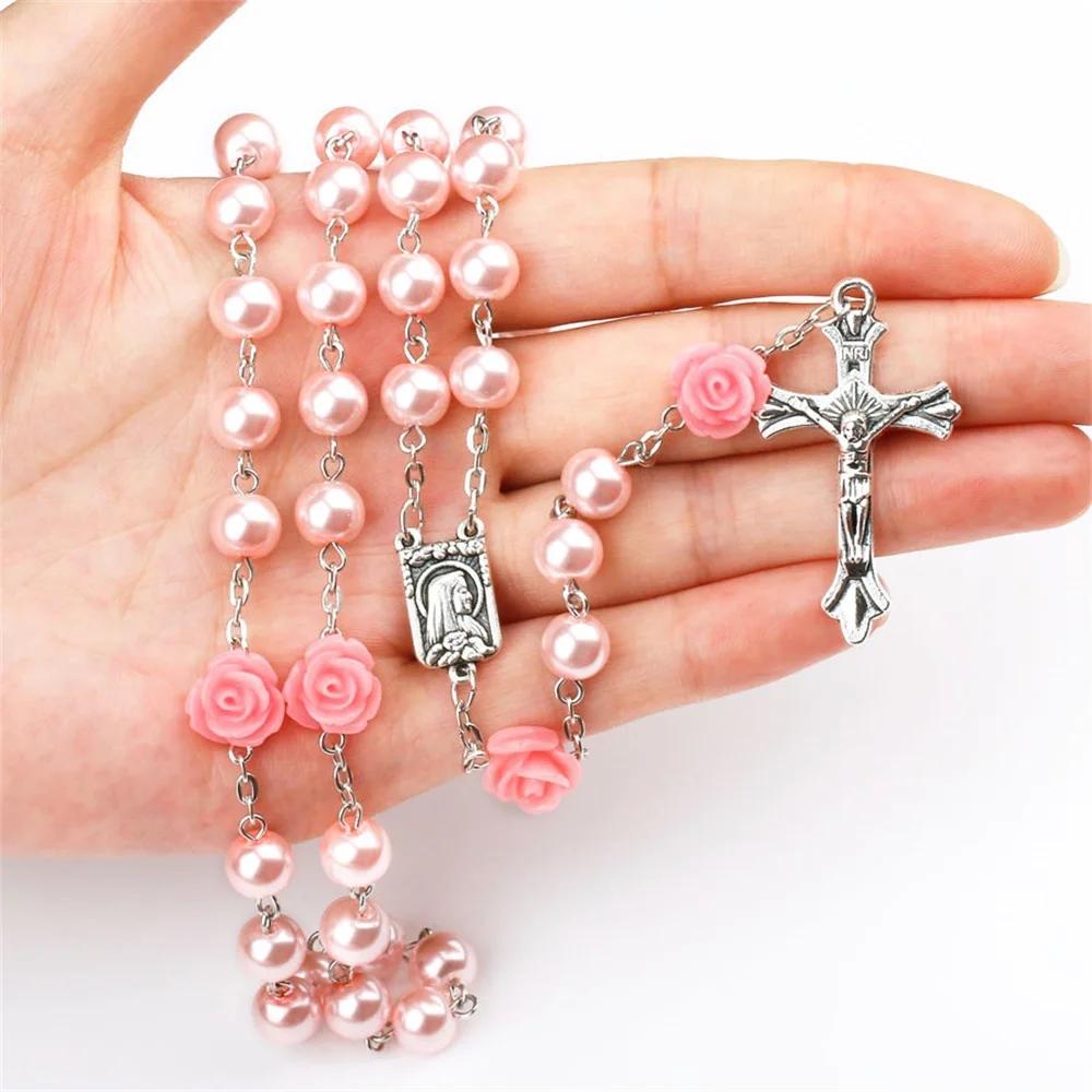 6MM Glass Beads Rosary Necklace For Women Crucifix Cross INRI Pendant Long Red Rose Chain Choker Female Religious Prayer Jewelry