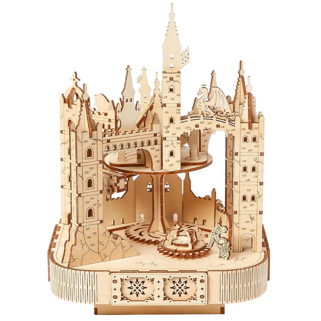 Hallisun Adult 3D Wooden Puzzle with Music Magic Castle Rotating Train Building Model DIY Assembly Mechanical Building Craft for Boys and Girls