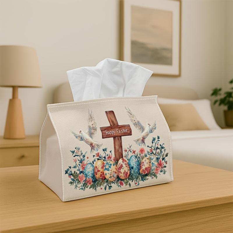 1pc Romantic Botanical Easter Tissue Box, Measuring 10.92*12.95*17.78 cm - a Decorative Piece Featuring a Cross, Easter Egg, And Floral Design, Perfec