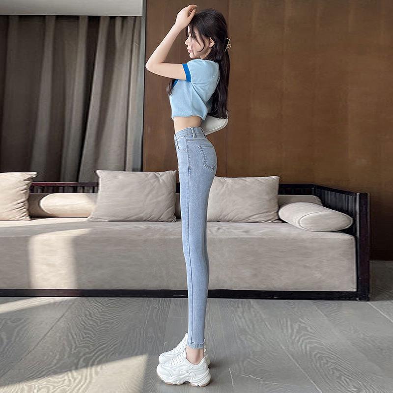 Women's Light-Colored High-Waist Korean Skinny Jeans, Spring/Summer, Slim-Fit, Elastic, Nine-Point Length
