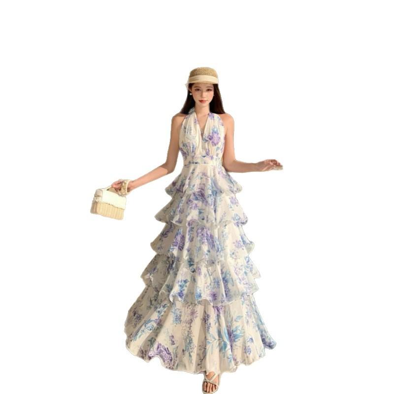 French Vacation Style Iris Mist Blue Neck Chiffon Cake Long Dress Women's V-neck Dress
