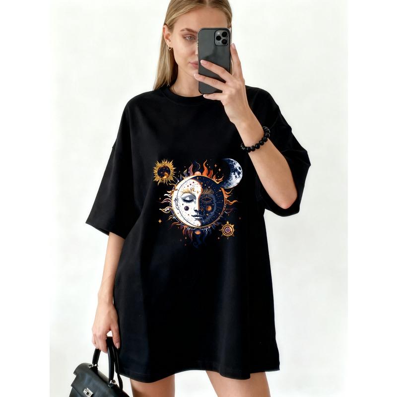 Oversized T Shirt Dress Black Sun And Moon Face Print For Casual Wear