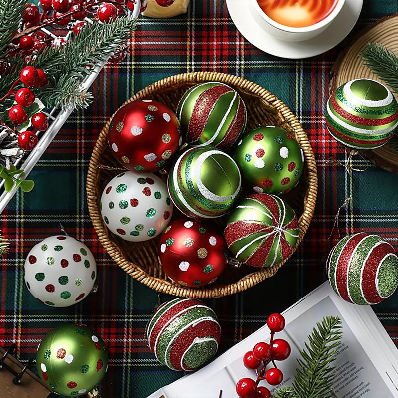 Christmas 2025 Pendant Festival Decorations Hand Drawn Home Party Decor Polka Dot Pattern Celebration Glitter Exquisite 12pcs/Box