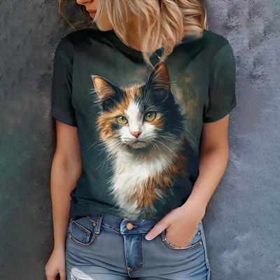 Damen Persönlichkeit elegant Sommer Verkauf Kurzarm Top Damen Street Casual 3D Druck Katzenmuster T-Shirt Top