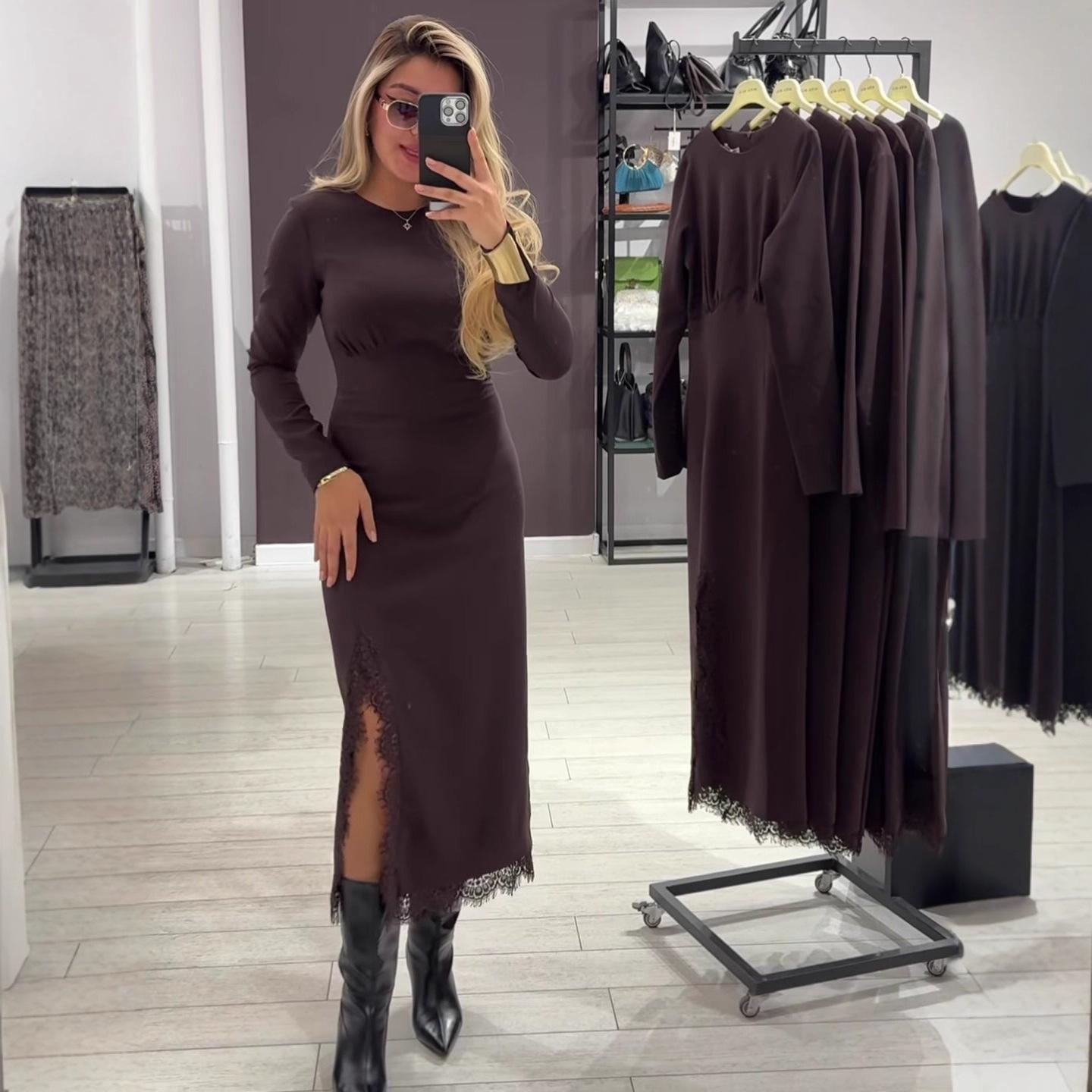 2025 Autumn Long Sleeve Round Neck High Waist Lace Patchwork Solid Color Dress S