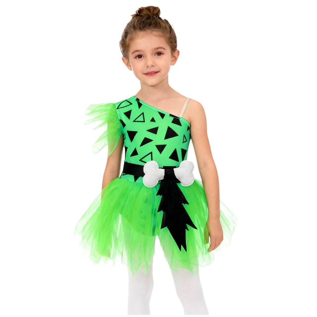 Dívčí kostým jeskynní ženy Patchworkové tutu šaty Nastavitelný popruh Síťované krátké rukávy Všité kalhotky 3D kostěný pásek Prehistorický kostým