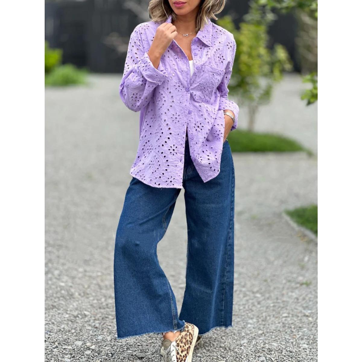 

Spring Autumn Women s Plus Size Loose Solid Color Embroidered Cutout Collared Shirt Top, European American Casual Crossborder Apparel S фиолетовый