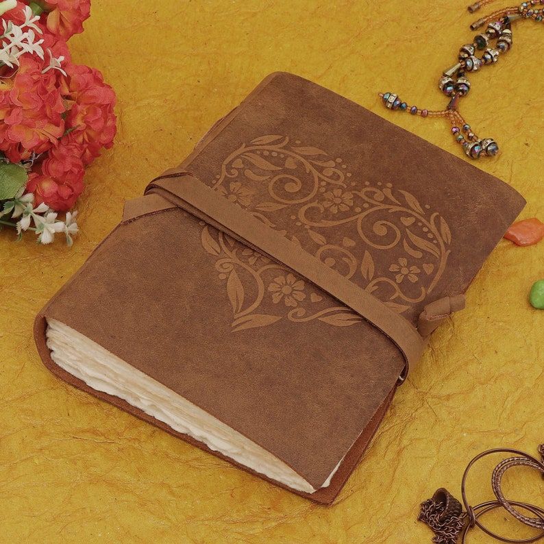 Leather Diary Notebook Deckle Edge Heart Embossed Valentine Design Color Handmade Paper for Men and Women and Gift