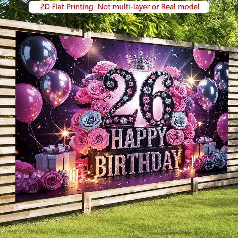 2D Sparkly Pink Black 26th Birthday Backdrop Floral Balloon Photography Background