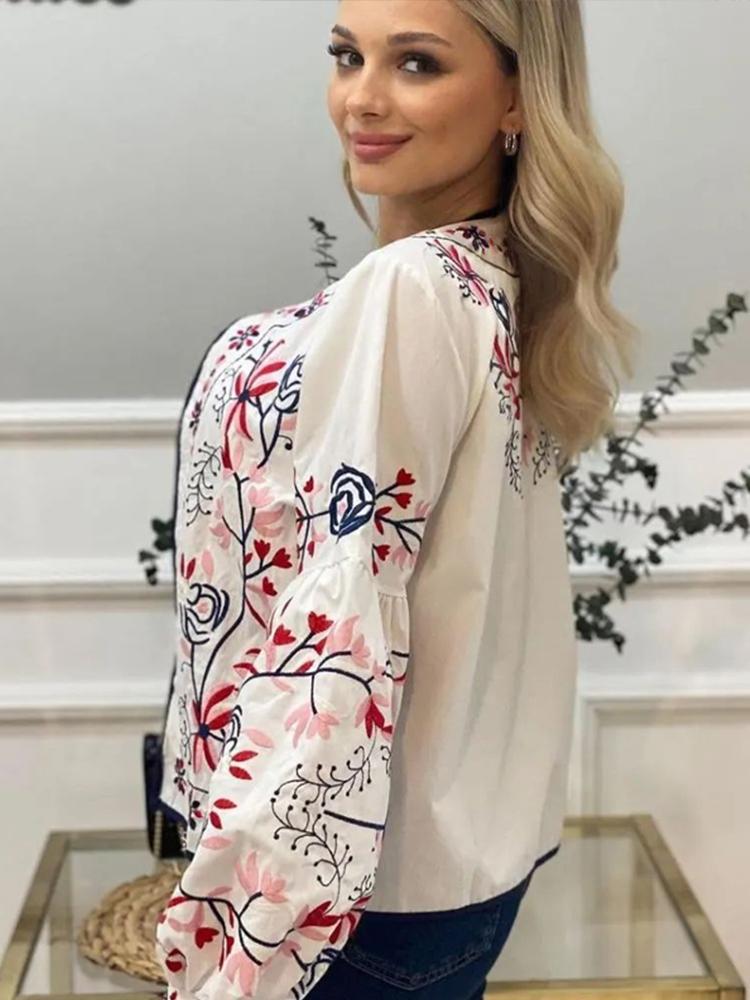 Drucken Frauen Jacke O-Ausschnitt lange Laterne Ärmel dünne kurze Mantel weibliche Frühen Herbst Dame Outwear