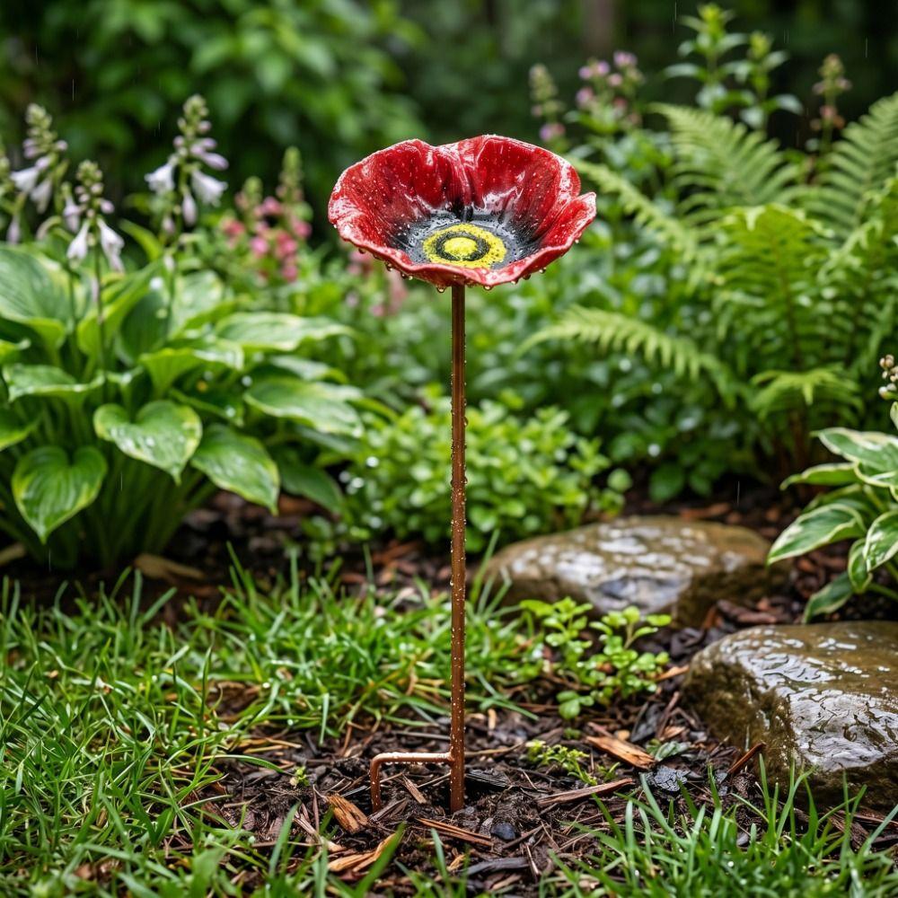 Metal Bird Bath Stand Ground Insert Flower Shaped Bee Butterfly Watering Station Colorful Iron Art Bird Water Dispenser