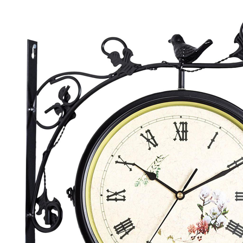 Iron Double Faced Retro Wall Hanging Clock Garden Decor, Pointer and Roman Number Dial