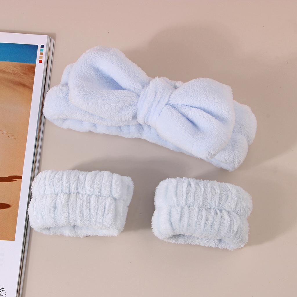 1set Elastic Women Shower Hairband & Wristband Cute Bowknot Plush Face Wash Hairband Home Makeup Headband Wristband