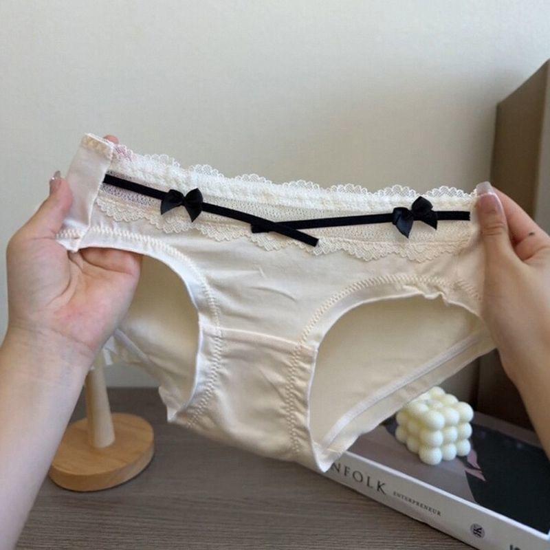 Ladies Summer Pure To Sweet Lace Edge Bow Pure Cotton Soft and Comfortable Low Waist Briefs